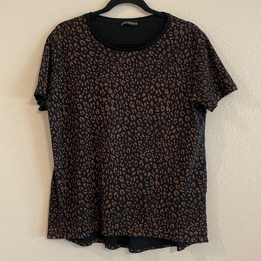 Zara Women’s T-Shirt XL Black Cheetah Print Cotton Mobwife Bohemian Causal